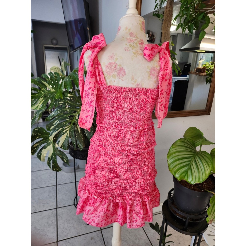 ChcMe Pink Floral Smocked Mini Dress Small Tie Shoulder Coquette Cottagecore 🌸 - Picture 8 of 12